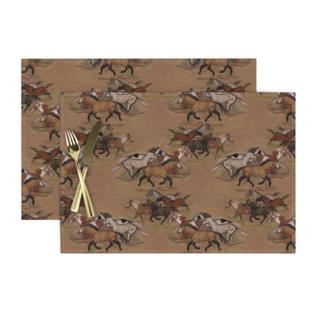 Wild Horses Placemats Set of 2 Herd 2 In Crayon On Brown Etsy