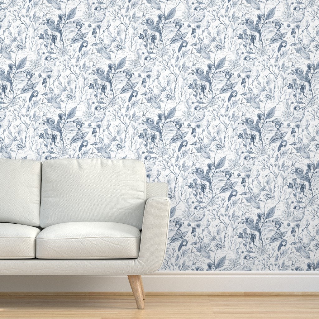 White Wallpaper Inktoile by Gaiamarfurt Blue Floral - Etsy