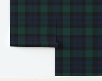 Green Blue Tartan Non-Pasted Wallpaper Winter Plaid Scottish Blackwatch - Blackwatch Tartan by peacoquettedesigns Wallpaper by Spoonflower