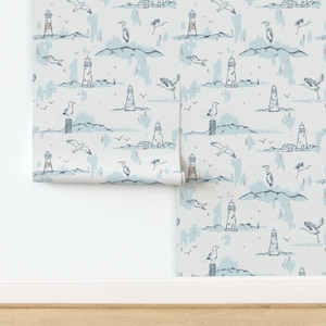 Coastal Kids Non-Pasted Wallpaper - Lighthouse Light by artbeat_illustrations - Nautical Beach Heron Wallpaper Double Roll by Spoonflower