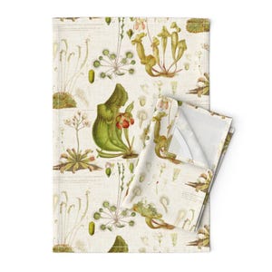 Peut inclure: Une illustration botanique vintage représentant un motif répété de plantes carnivores, notamment des rossolis, des plantes à pichets et des dionées. L'illustration est dans des tons de vert, de brun et de rouge sur un fond blanc.