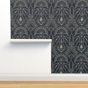 Art Deco Geometric Non-Pasted Wallpaper - Art Deco Midnight by ceciliamok - 1920s Decorative Bead Retro Wallpaper Double Roll by Spoonflower