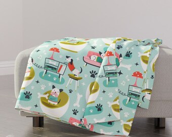 Mid Century Dogs Throw Blanket - Bark-haus Fun by heatherdutton - Aqua Mcm Dogs Atomic Mid Mod Pets  Throw Blanket with Spoonflower Fabric