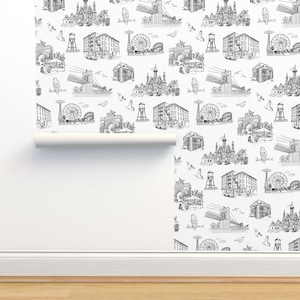 ニューヨーク市の非貼り付け壁紙 - dasbrooklyn によるブルックリン トワル - Spoonflower によるランドマークの白黒壁紙ダブルロール