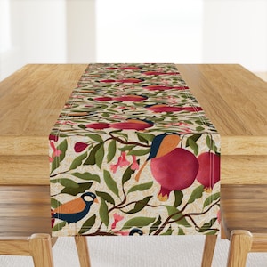 May include: A beige table runner with a repeating pattern of red pomegranates, green leaves, and blue birds. The birds are perched on branches with pink flowers.