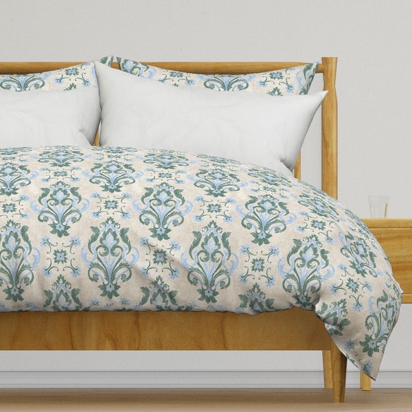 Blue Green Damask Bedding - Calm Damask by hollykz - Faux Weathered Rococo Floral Cotton Sateen Duvet Cover OR Pillow Shams by Spoonflower