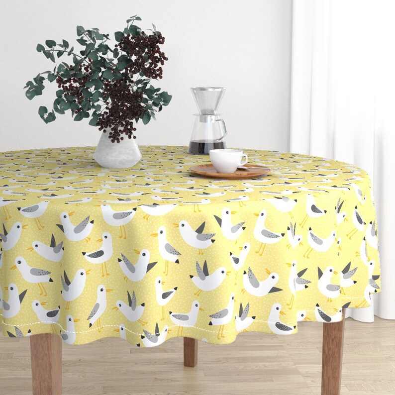 Seagulls On Yellow by heleenvanbuul Beach Yellow Sand Summer Sea Cotton Sateen Circle Tablecloth by Spoonflower Birds Round Tablecloth