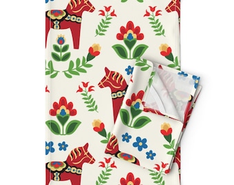 Dala Horse Tea Towels (Set of 2) - Swedish Folk Dala Horses Red Large by barbarapixton - Ethnic Linen Cotton Tea Towels by Spoonflower