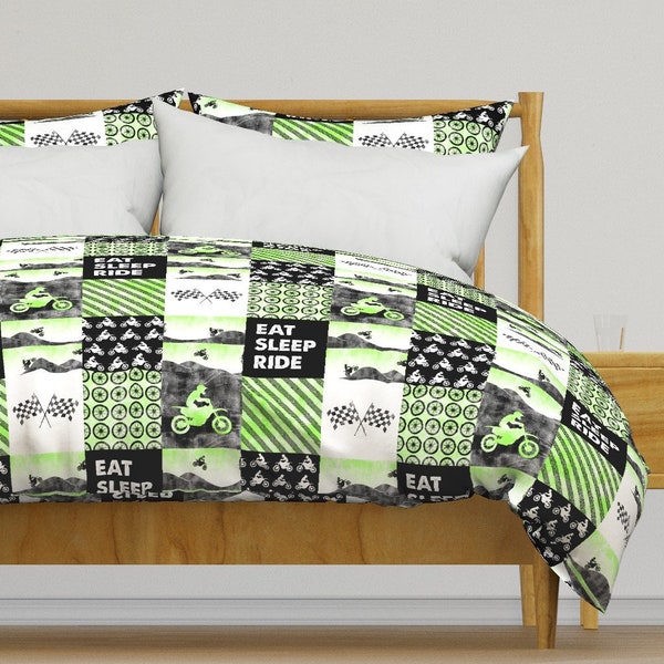 Green Bedding - Motocross Patchwork  by littlearrowdesign -  Motorcycle Patchwork  Cotton Sateen Duvet Cover OR Pillow Shams by Spoonflower