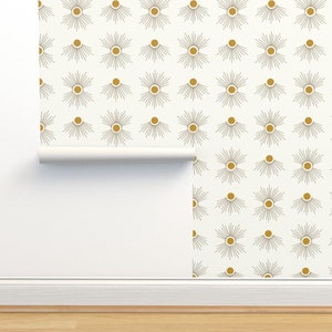 Boho Suns Non-Pasted Wallpaper - Starburst In Mustard by dolphinandcondor - Mustard Gold Beige Cream Wallpaper Double Roll by Spoonflower