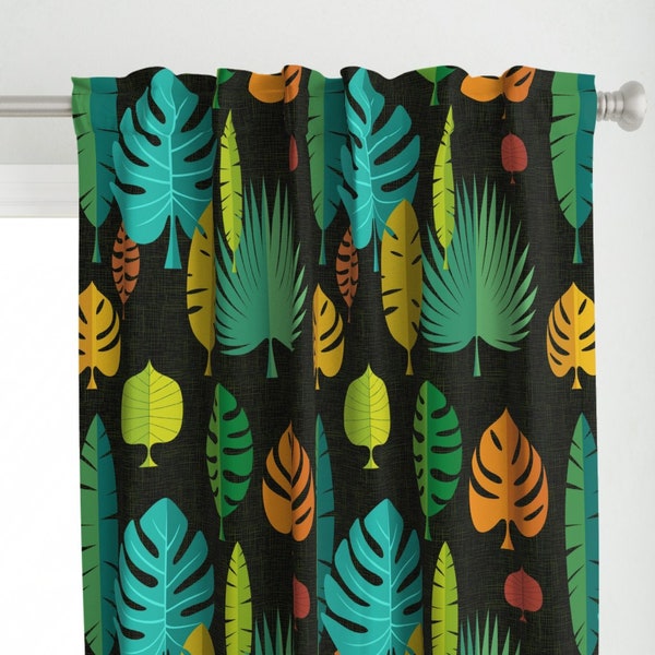 Mid Century Modern Curtain Panel - Large Tiki Leaves Dark by theodesign - Retro Tiki Colorful Foliage Custom Curtain Panel by Spoonflower