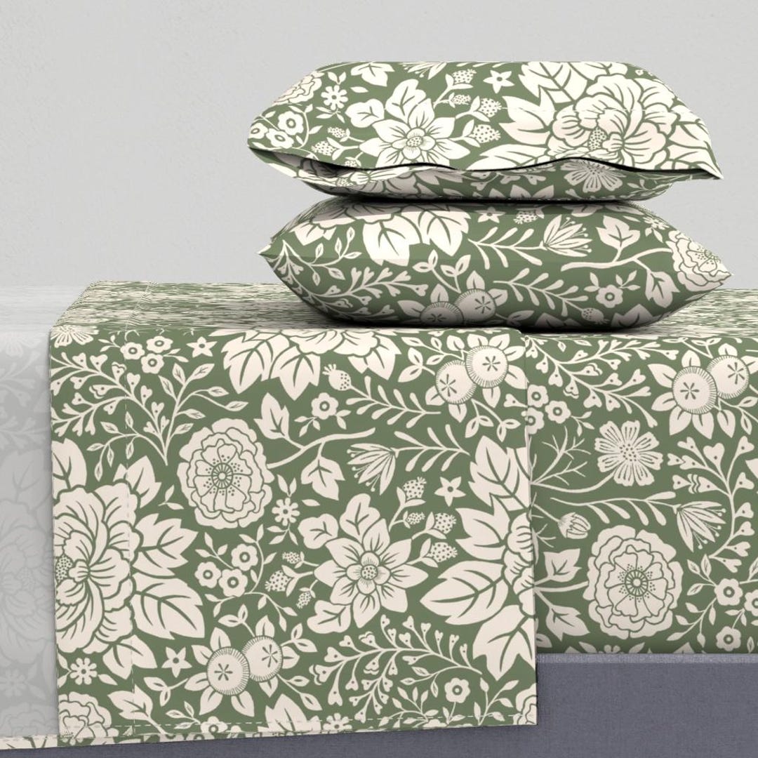 Sage Green Floral Sheets - the Printmakers Garden by Annaaho - Hand ...