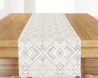 Art Deco Inspired Table Runner - Gray White Gold Geometric Diamonds Cotton Sateen Table Runner - Lennox Vintage Geo by crystal_walen