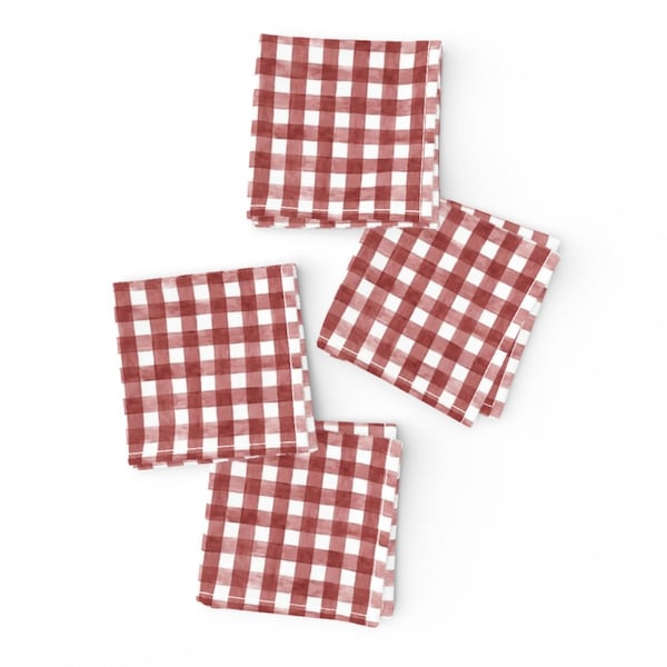 Watercolor Gingham Cocktail Napkins (Set of 4) - Brick Red by ambergibbsdesigns -  Ditsy Scale Maroon Oxblood Cloth Napkins by Spoonflower