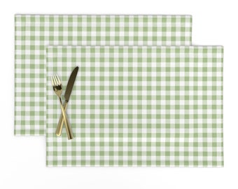 Green Gingham Placemats (Set of 2) - Basil Gingham by lilyoake - Sage Green Plaid Garden Tartan Small Scale Cloth Placemats by Spoonflower