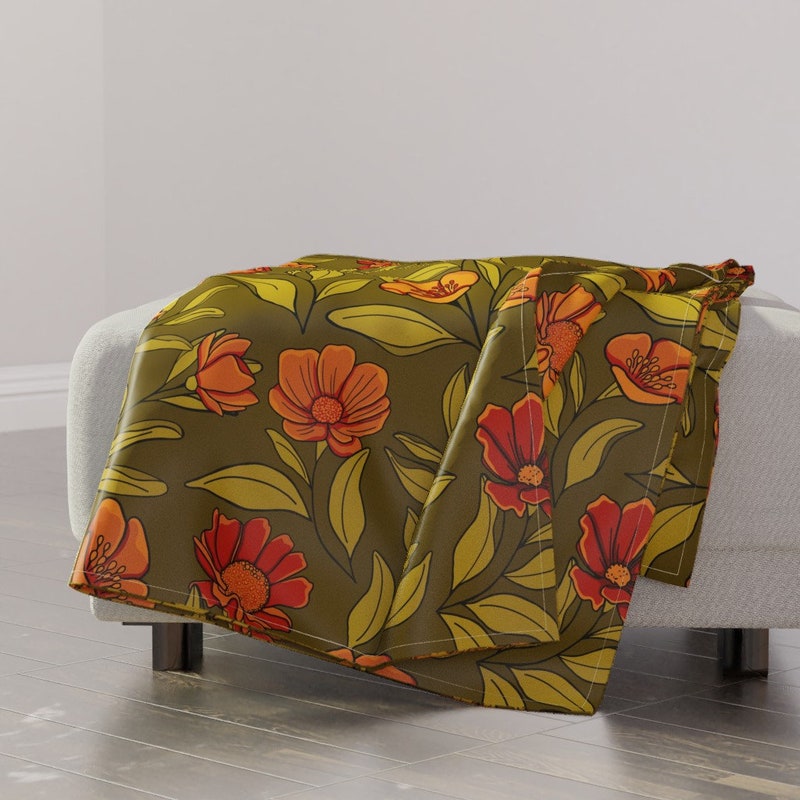 Olive Flower Print Throw Blanket