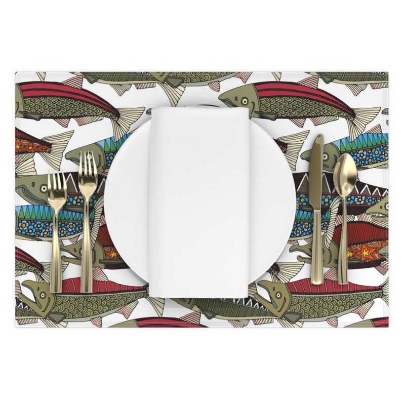Fish Placemats set of 2 Alaskan Salmon White by Scrummy Etsy