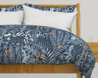 Dusty Blue Shrooms Bedding - Nocturnal Frogs by ramarama - Forest Mushrooms Plants Cotton Sateen Duvet Cover OR Pillow Shams by Spoonflower