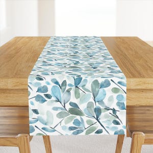 Watercolor Table Runner - Botanical Blue Green Brush Strokes Cotton Sateen Table Runner - Blue Watercolor Leaves by sara_swanson_design