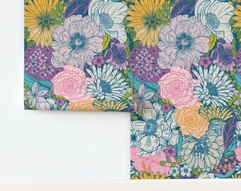 Bright Flowers Non-Pasted Wallpaper Maximalist Blue Pink Purple Peony Bouquet - Floral by grace_andersson Wallpaper by Spoonflower