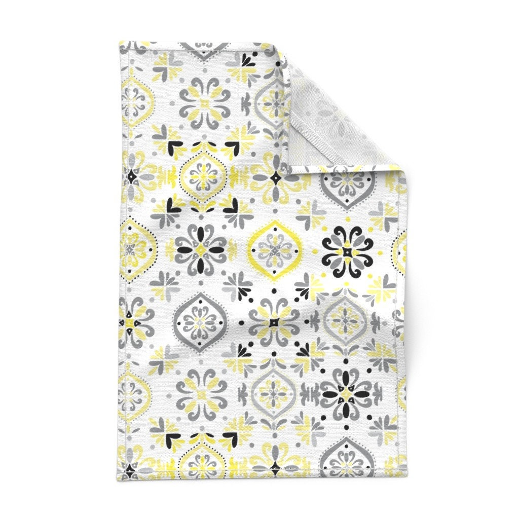 Set of 2 Gray/Yellow Towels NIP Mud Pie Tea Towel Gift Basket 