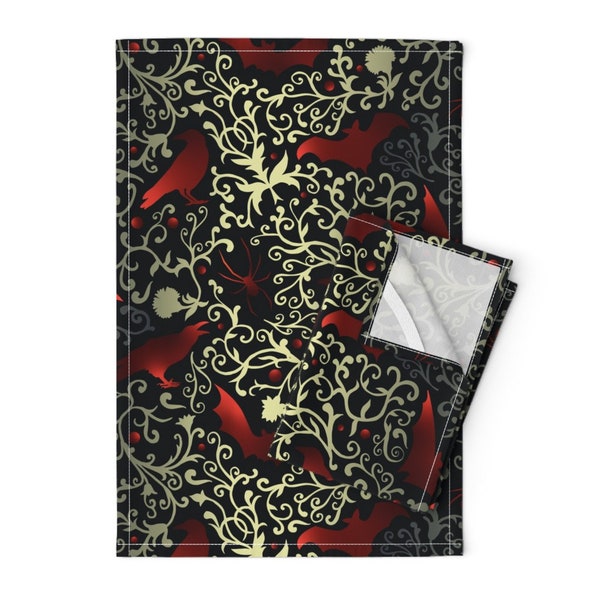 Black Tea Towels (Set of 2) - Ravens Spiders And Bats by diseminger - Red Gold Dark Victorian Ravens Linen Cotton Tea Towels by Spoonflower