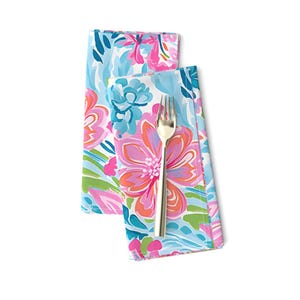 Bold Pink Floral Dinner Napkins (Set of 2) - Pink Bouquet by cherylgrahamdesigns - Palm Beach Botanical Blue Cloth Napkins by Spoonflower