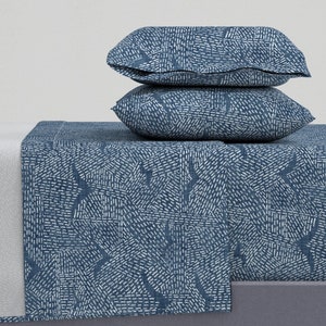Coastal Sheets - Seagulls In Indigo by forest&sea - Sashiko Inspired Seagulls Ocean Abstract Cotton Sateen Sheet Set Bedding by Spoonflower