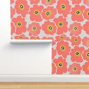 Yellow Non-Pasted Wallpaper - Coral Creations by orangefancy - Flowers Floral Orange Navy Sixties Mod Wallpaper Double Roll by Spoonflower
