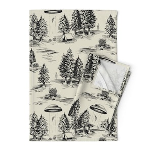 Alien Toile Tea Towels (Set of 2) - Alien Abduction Toile De Jouy by somecallmebeth - Black Space Ufo Linen Cotton Tea Towels by Spoonflower