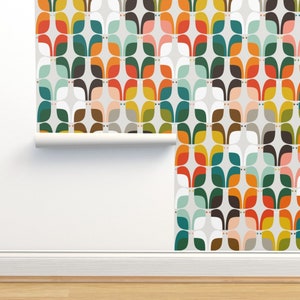 Mid Century Birds Non-Pasted Wallpaper - Geometry Of Love Birds  by katerhees - Whimsical Retro  Wallpaper Double Roll by Spoonflower