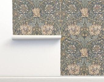 Floral Damask Non-Pasted Wallpaper - Morris Honeysuckle by peacoquettedesigns - Victorian Vintage Style Wallpaper Double Roll by Spoonflower