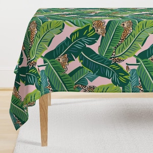 Jungle Tablecloth - Cheetah & Tropical Leaves On Pink by shopcabin - Tropical Print Cheetah Glam  Cotton Sateen Tablecloth by Spoonflower