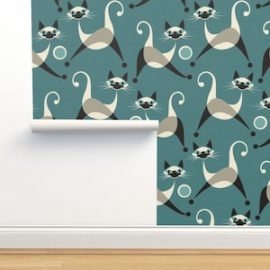 Siamese Cats Non-Pasted Wallpaper - Siamese Kittens At Play by studioxtine - Cats Retro Mid Century Wallpaper Double Roll by Spoonflower