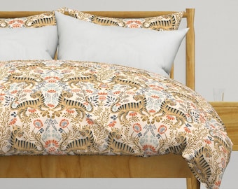 Tiger Damask Bedding - Flower Tiger by garabateo - Boho Flower Coral Cream Blue Cotton Sateen Duvet Cover OR Pillow Shams by Spoonflower