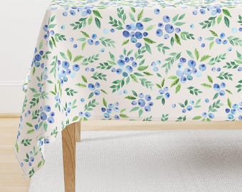 Blue Tablecloth - Blueberrybushes by yuanxu - Watercolor Blueberries Fruits Handdrawn Summer Fruits Cotton Sateen Tablecloth by Spoonflower