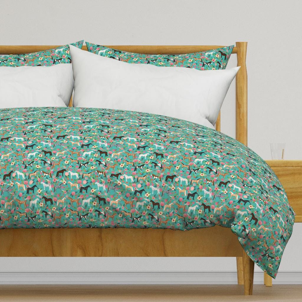 Watercolor Horses Bedding - Horses On Floral by petfriendly - Aqua Equestrian Cotton Sateen Duvet Cover OR Pillow Shams by Spoonflower