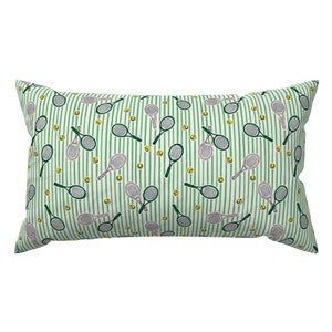 Preppy Tennis Accent Pillow - Let&#39;s Play Tennis by studiovalko - Green Court Sport Exercise Rectangle Lumbar Throw Pillow by Spoonflower