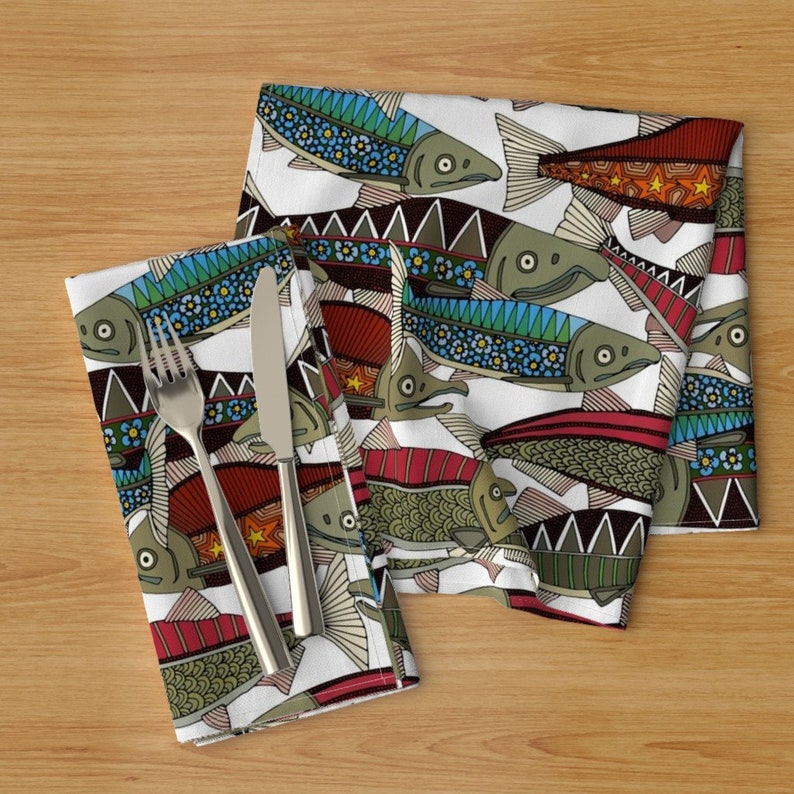 Fish Dinner Napkins set of 2 Alaskan Salmon White by Etsy