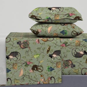 Apa Chinoiserie-lakan - Apor Trädgårdsfest av utart - Nyckfulla Djur Antika Linor Bomullssatänglakanset Sängkläder av Spoonflower
