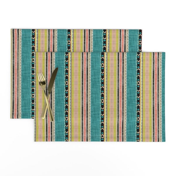 Boho Placemats (Set of 2) - Tribal Stripe In Teal Citron Peach by joanmclemore - Southwest Blue Pink Yellow  Cloth Placemats by Spoonflower