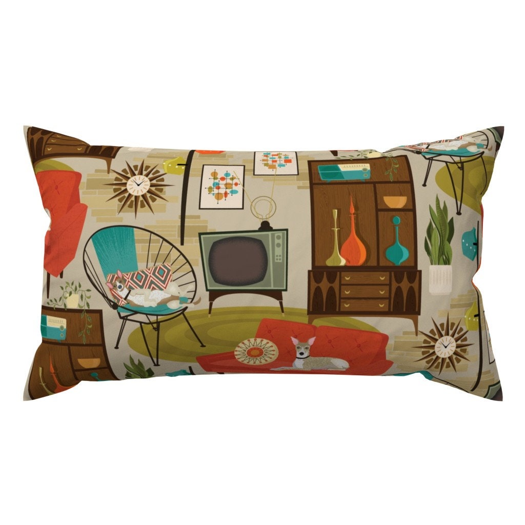 1960s Retro Lumbar Pillow - Rec Room Madness by michaelzindell - Vintage Mid-century Whippet Greyhound Rectangle Accent Throw Pillow