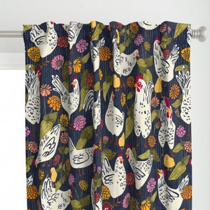 Farmhouse Chicken Curtain Panel - Chicken Coop by ramarama - Shabby Chic Dark Blue Large Scale Custom Curtain Panel by Spoonflower