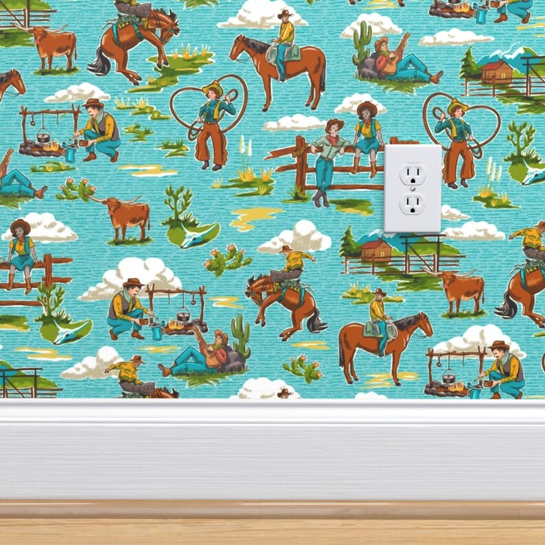 Rustic Country Commercial Grade Wallpaper Out West Teal by Etsy