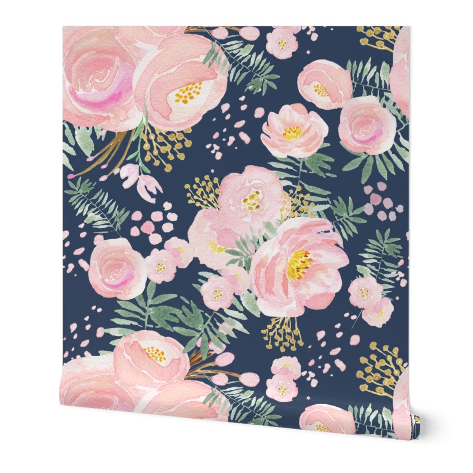 Pink Floral Wallpaper Navy Floral Pink and Gold by Etsy