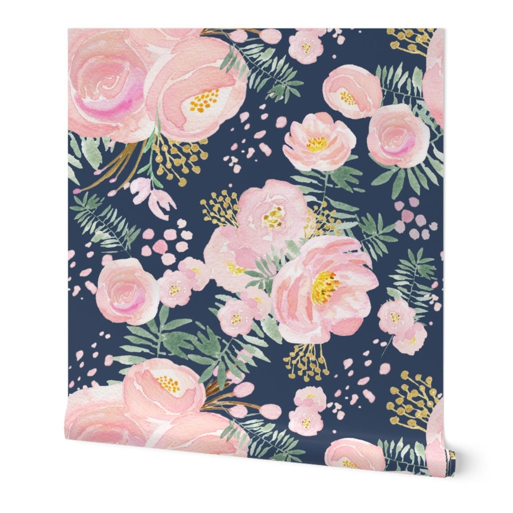 Pink Floral Wallpaper Navy Floral Pink and Gold by Etsy