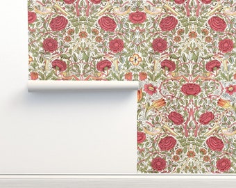 Victorian Birds Non-Pasted Wallpaper Arts And Crafts William Morris Edwardian - Rose Finch by eti_enne Wallpaper Double Roll by Spoonflower