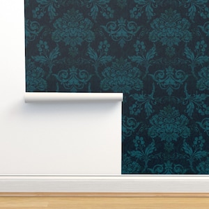 Donkerblauwgroen damast vliesbehang - Victoriaans damast door andrea_haase_design - Vintage bloem behang dubbele rol van Spoonflower