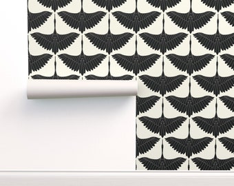 Black Commercial Grade Wallpaper - Swan Song  Black On Ecru by jennykate - Cream Animals Art Deco Wallpaper Double Roll by Spoonflower