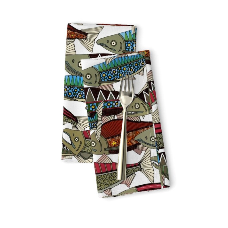 Fish Dinner Napkins set of 2 Alaskan Salmon White by Etsy